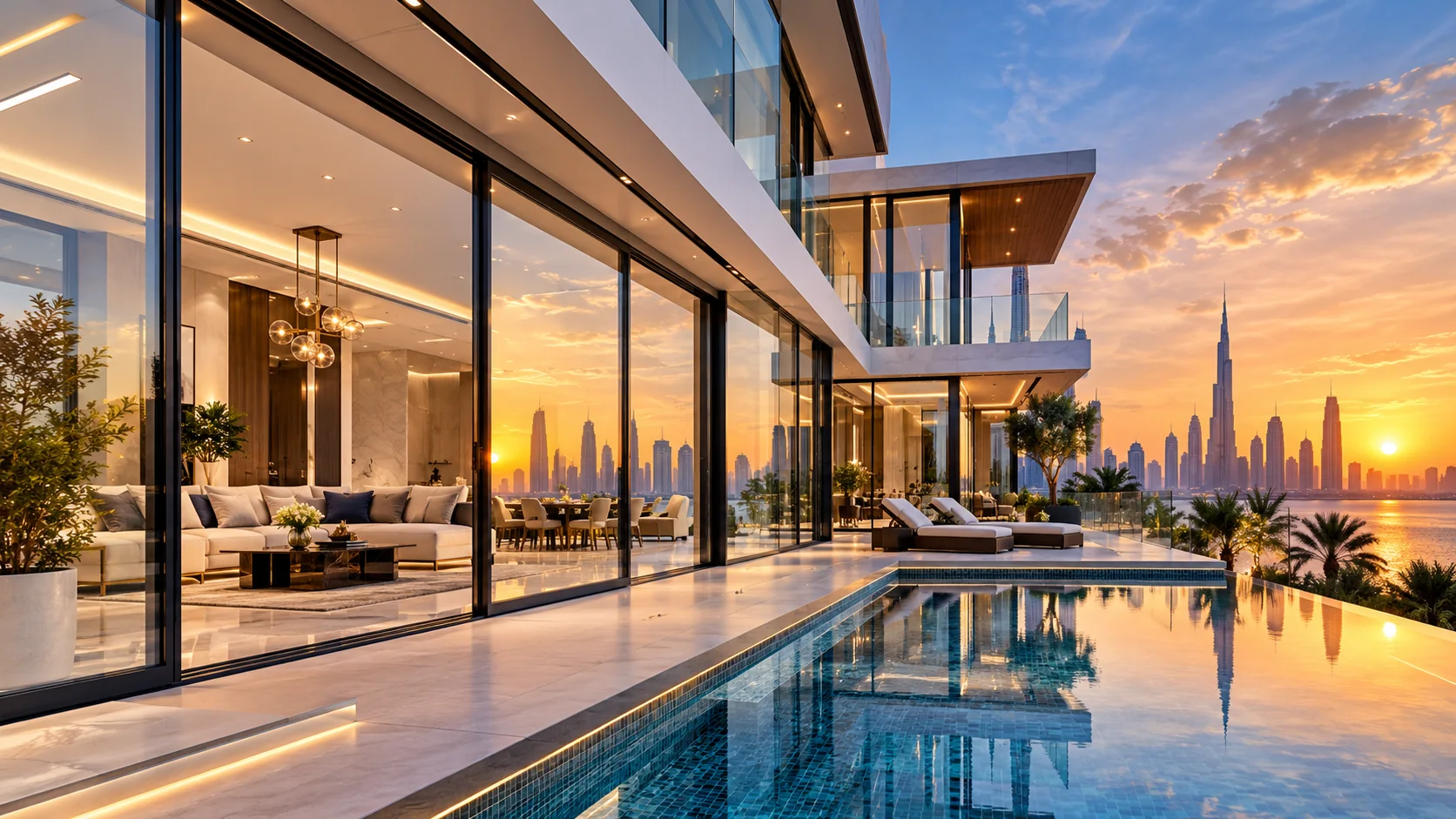 Contemporary villa with floor-to-ceiling glazing, slim aluminium frames and Dubai skyline views at sunset