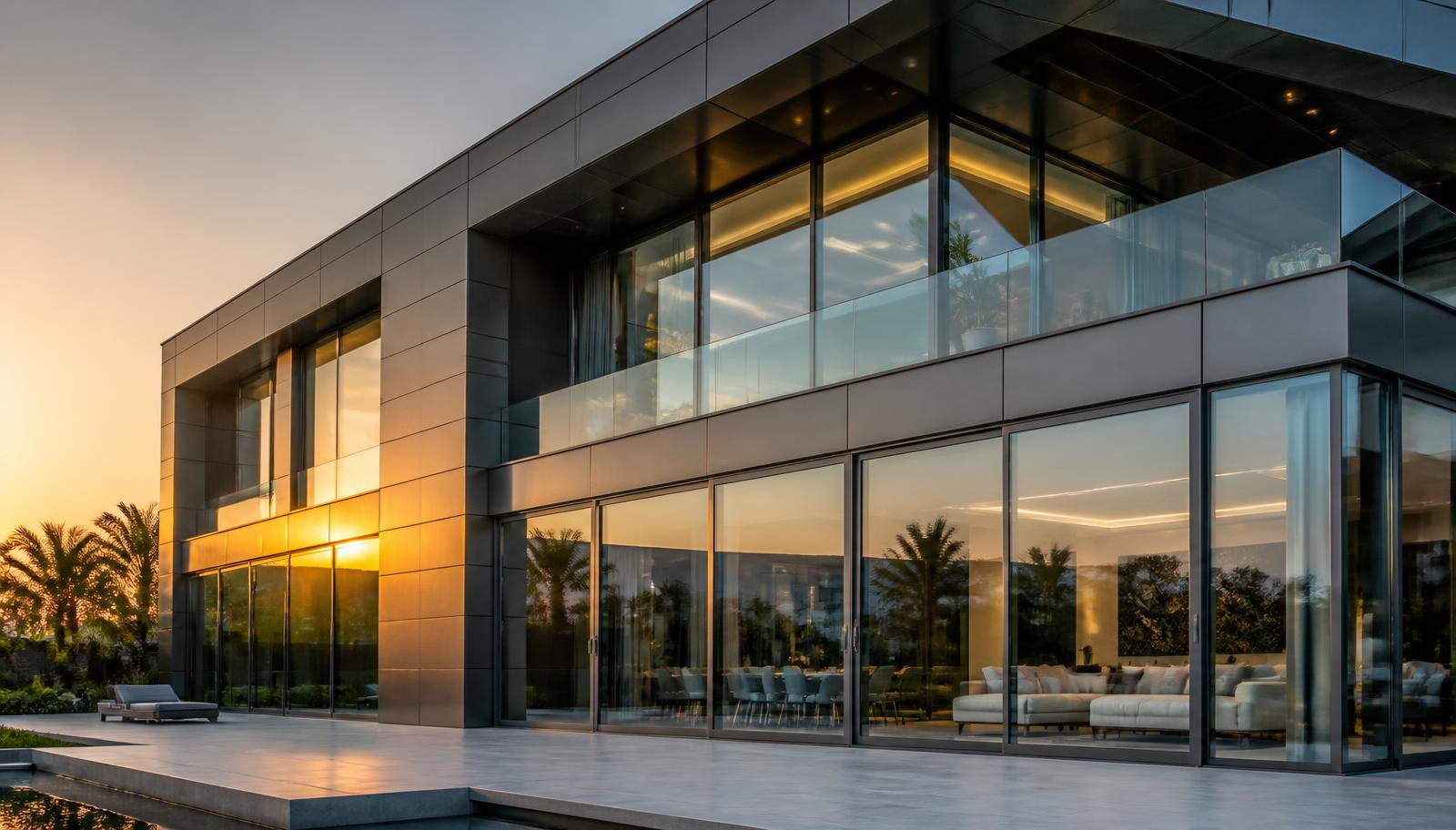 Aluminium sliding doors, ACP cladding and glass balcony railing on a luxury Dubai villa at sunset