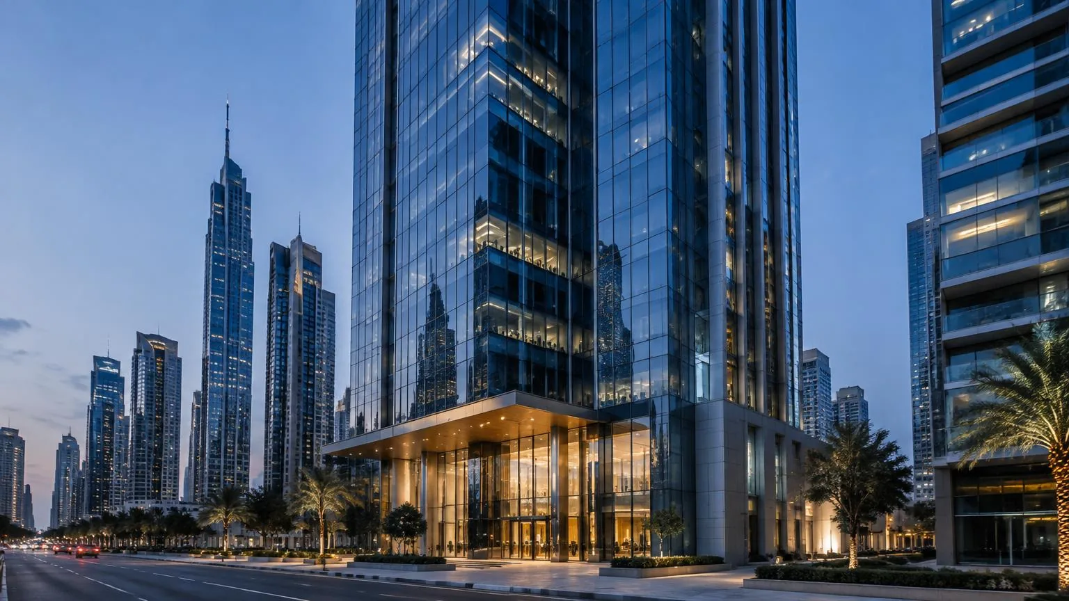 Completed glass and aluminium façade concept Illustrative finished Dubai commercial tower with glass curtain wall and feature entrance glazing