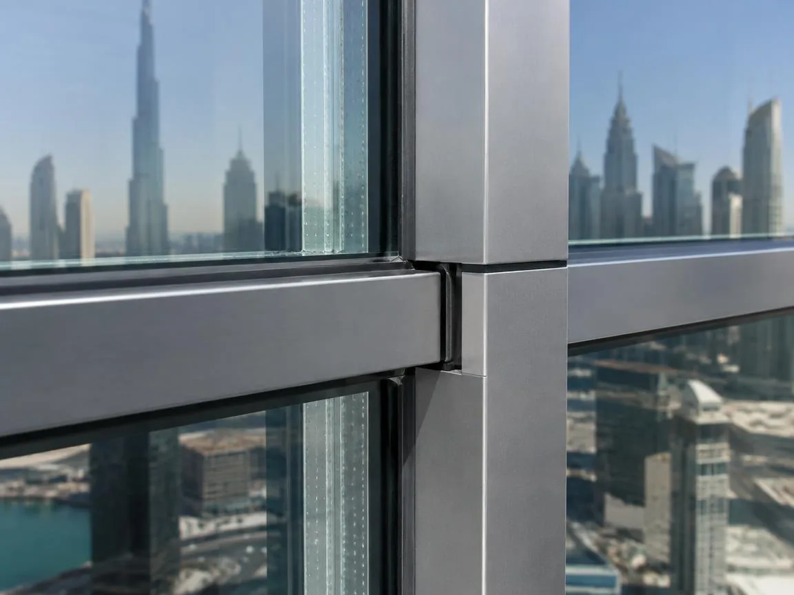 Curtain wall framing and glazing interface Illustrative aluminium mullion and transom intersection with double-glazed glass and gasket joints