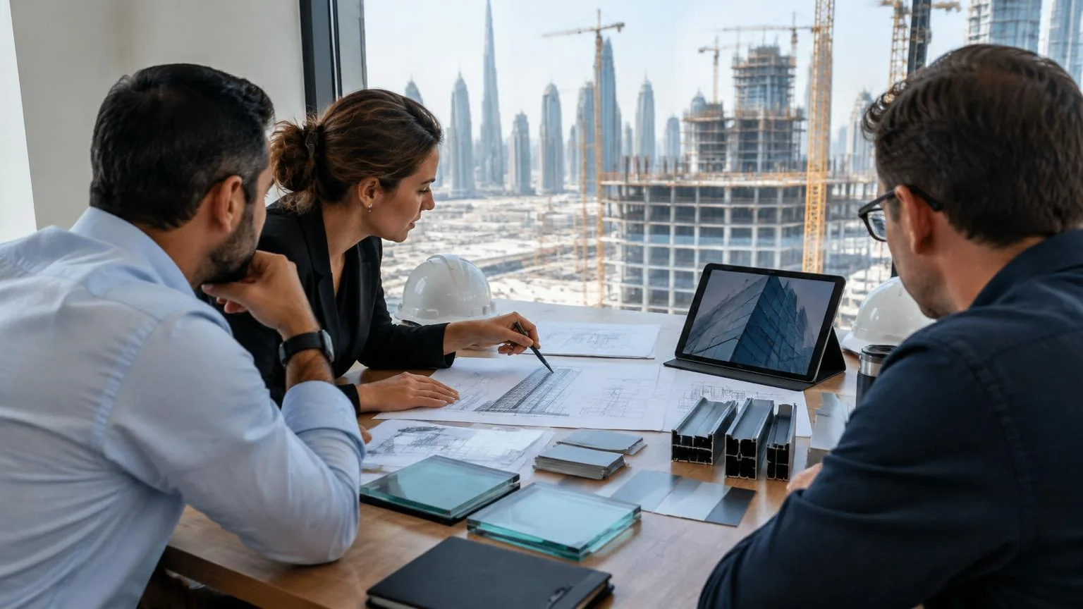 Dubai façade project planning concept Illustrative project team reviewing Dubai façade drawings, glass and aluminium samples