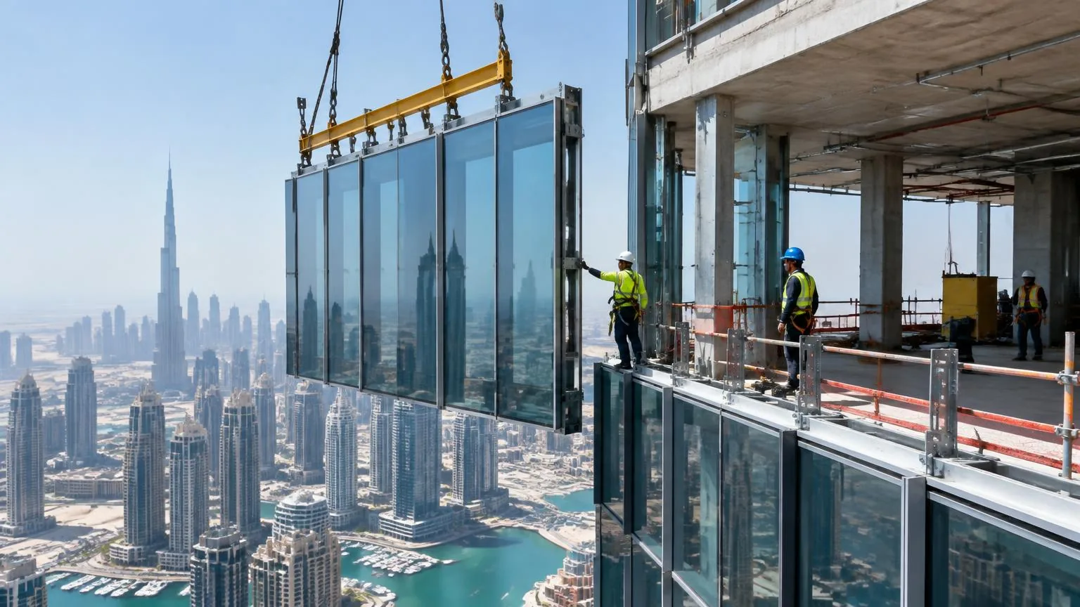 Unitized curtain wall installation concept Illustrative unitized glass curtain wall module being hoisted at a Dubai high-rise
