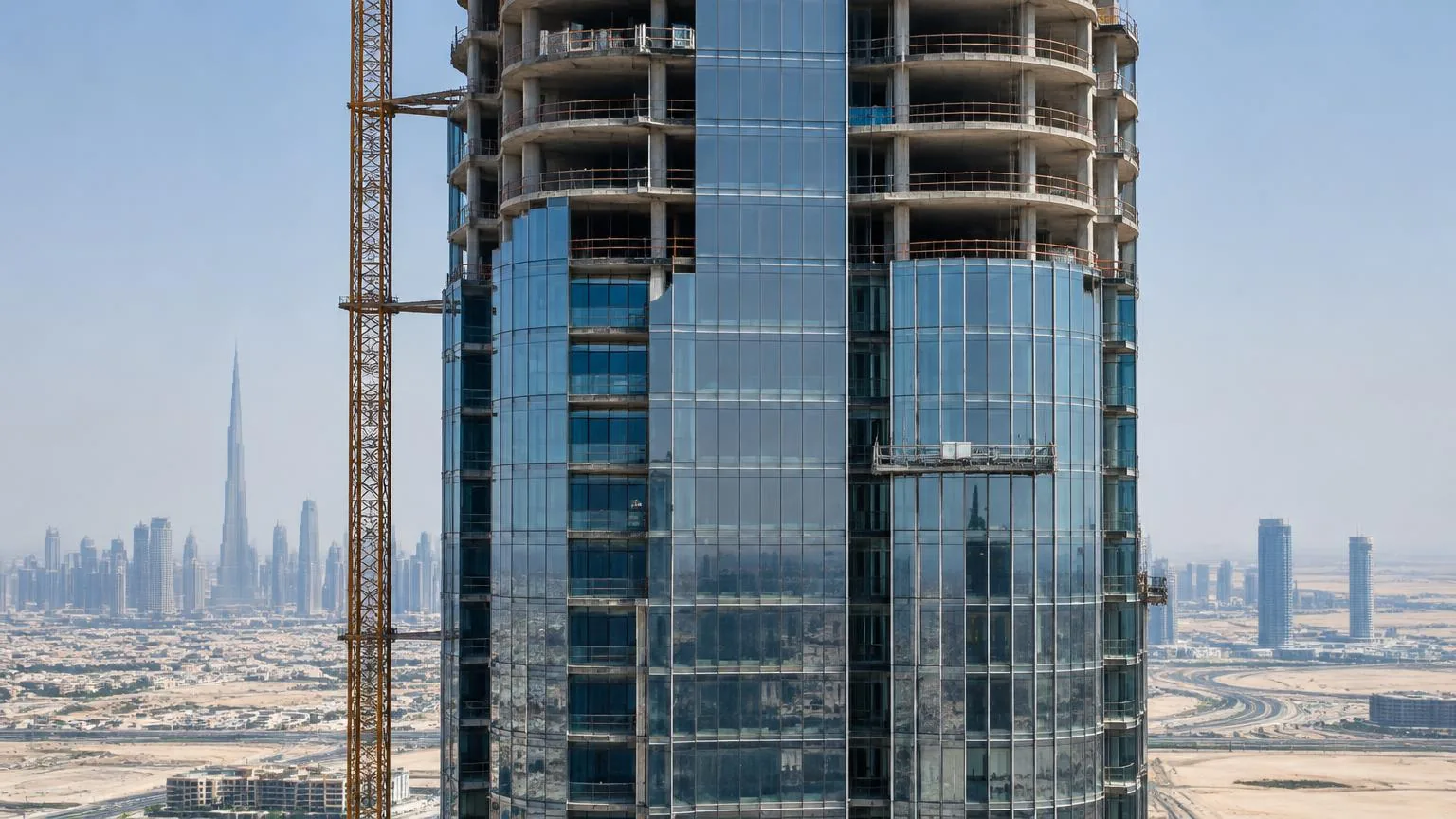 High-rise glass façade planning in Dubai Illustrative Dubai high-rise tower with blue-grey glass façade under construction