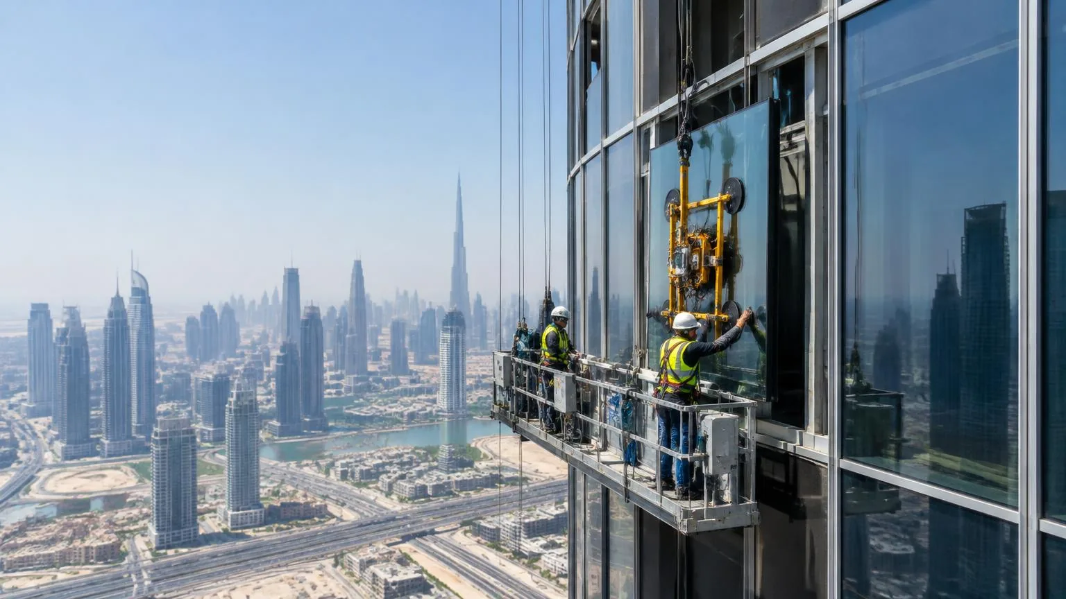 High-rise façade access and glass handling Illustrative glass façade panel installation using suction equipment and suspended tower access