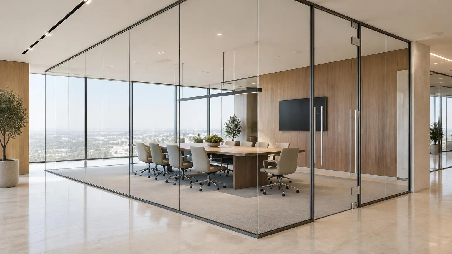 Premium glass partition design concept for Dubai interiors Illustrative premium glass meeting-room partitions with slim aluminium framing